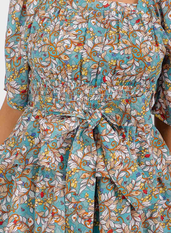 WOMEN'S SHORT SLEEVE SMOCK SELF TIE RUFFLE TIERED FLORAL PRINT MINI DRESS
