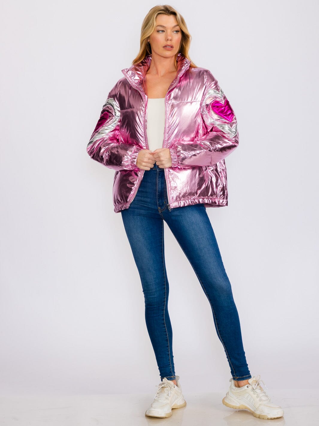 WOMEN'S LONG SLEEVES ZIP UP HEART PRINT METALLIC JACKET