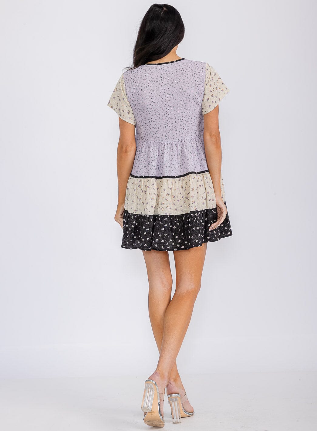 WOMEN'S SHORT SLEEVES V-NECK TIERED COLORBLOCK FLORAL TUNIC MINI DRESS