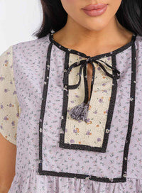 WOMEN'S SHORT SLEEVES V-NECK TIERED COLORBLOCK FLORAL TUNIC MINI DRESS