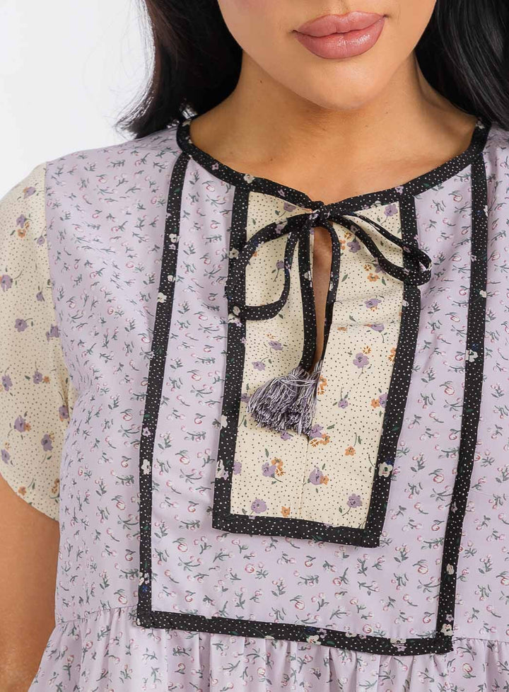 WOMEN'S SHORT SLEEVES V-NECK TIERED COLORBLOCK FLORAL TUNIC MINI DRESS