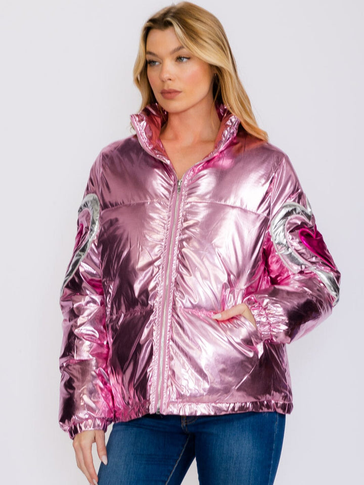 WOMEN'S LONG SLEEVES ZIP UP HEART PRINT METALLIC JACKET