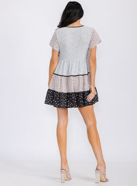 WOMEN'S SHORT SLEEVES V-NECK TIERED COLORBLOCK FLORAL TUNIC MINI DRESS