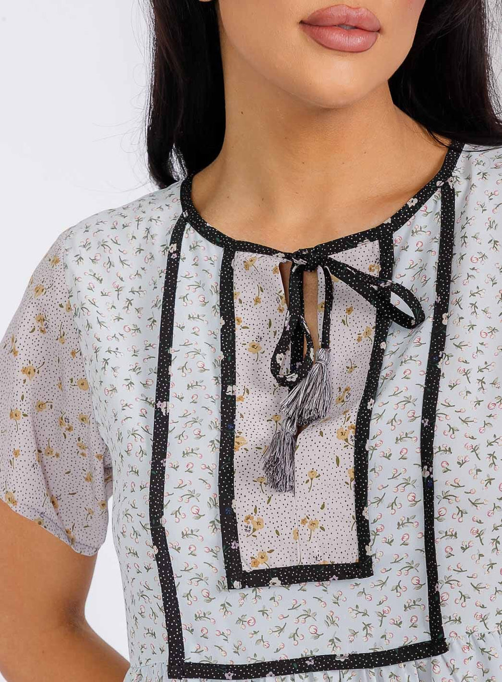 WOMEN'S SHORT SLEEVES V-NECK TIERED COLORBLOCK FLORAL TUNIC MINI DRESS