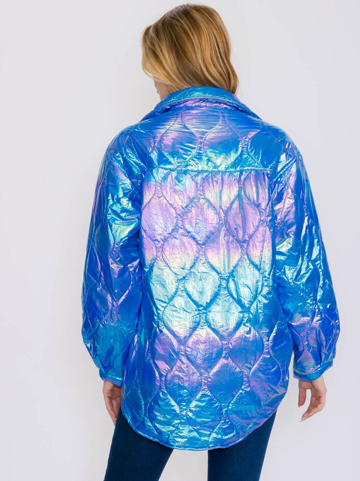 WOMEN'S LONG SLEEVES BUTTON UP FRONT POCKETS HIGH-LOW SHIMMER PUFFER JACKET