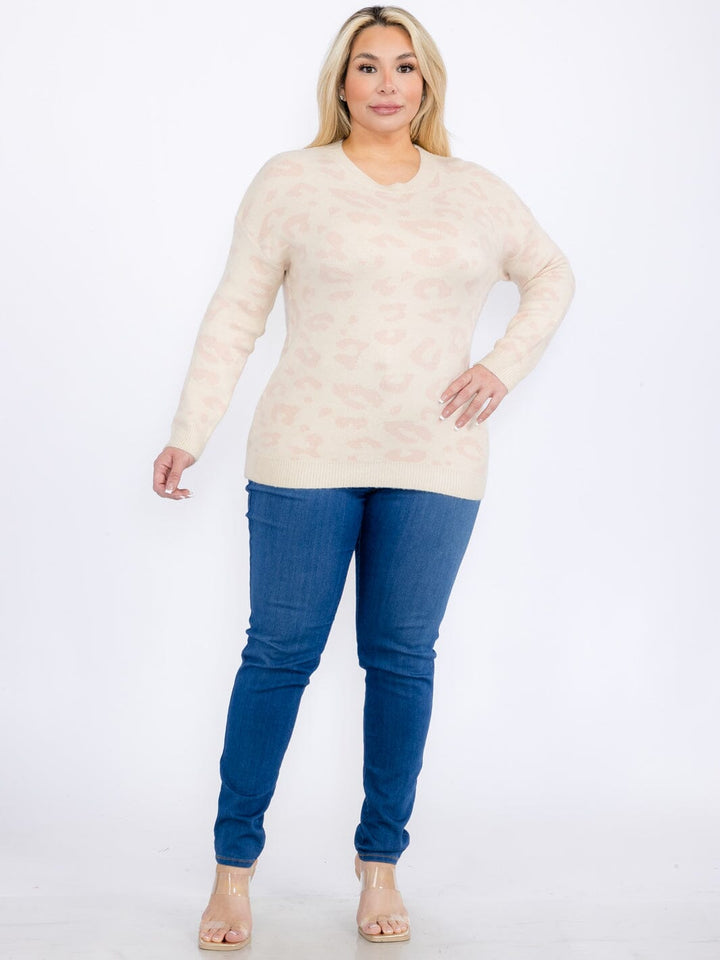 PLUS SIZE LONG SLEEVES PULLOVER COLORBLOCK ANIMAL PRINT SWEATER