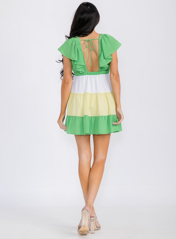WOMEN'S SHORT SLEEVES V-NECK TIERED COLORBLOCK OPEN BACK MINI DRESS