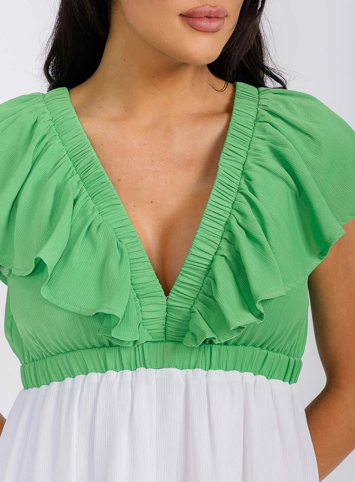 WOMEN'S SHORT SLEEVES V-NECK TIERED COLORBLOCK OPEN BACK MINI DRESS