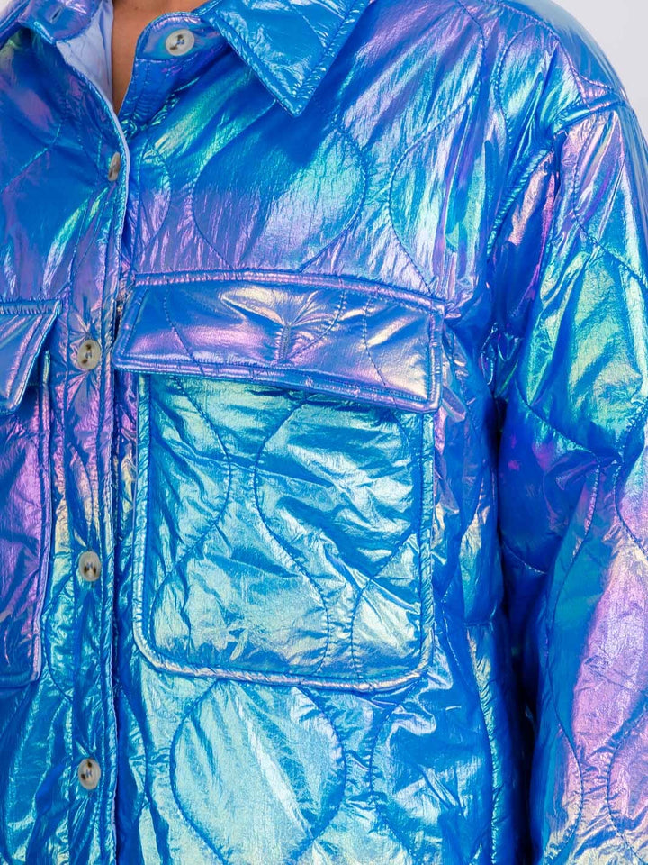 WOMEN'S LONG SLEEVES BUTTON UP FRONT POCKETS HIGH-LOW SHIMMER PUFFER JACKET