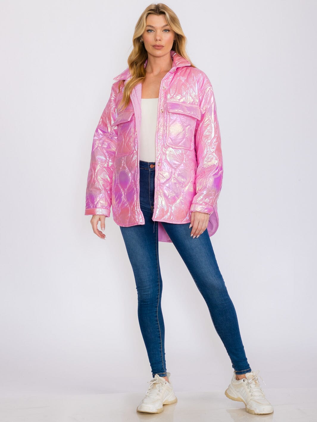 WOMEN'S LONG SLEEVES BUTTON UP FRONT POCKETS HIGH-LOW SHIMMER PUFFER JACKET