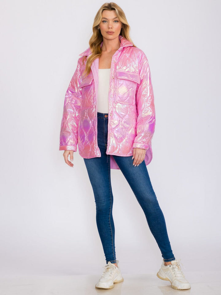 WOMEN'S LONG SLEEVES BUTTON UP FRONT POCKETS HIGH-LOW SHIMMER PUFFER JACKET
