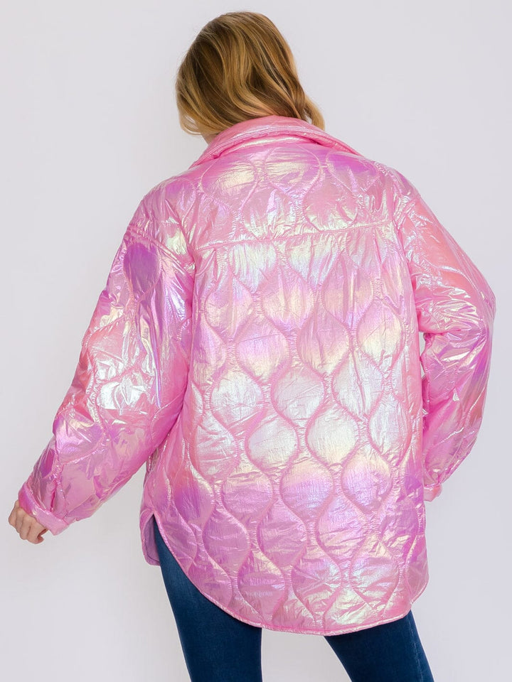 WOMEN'S LONG SLEEVES BUTTON UP FRONT POCKETS HIGH-LOW SHIMMER PUFFER JACKET