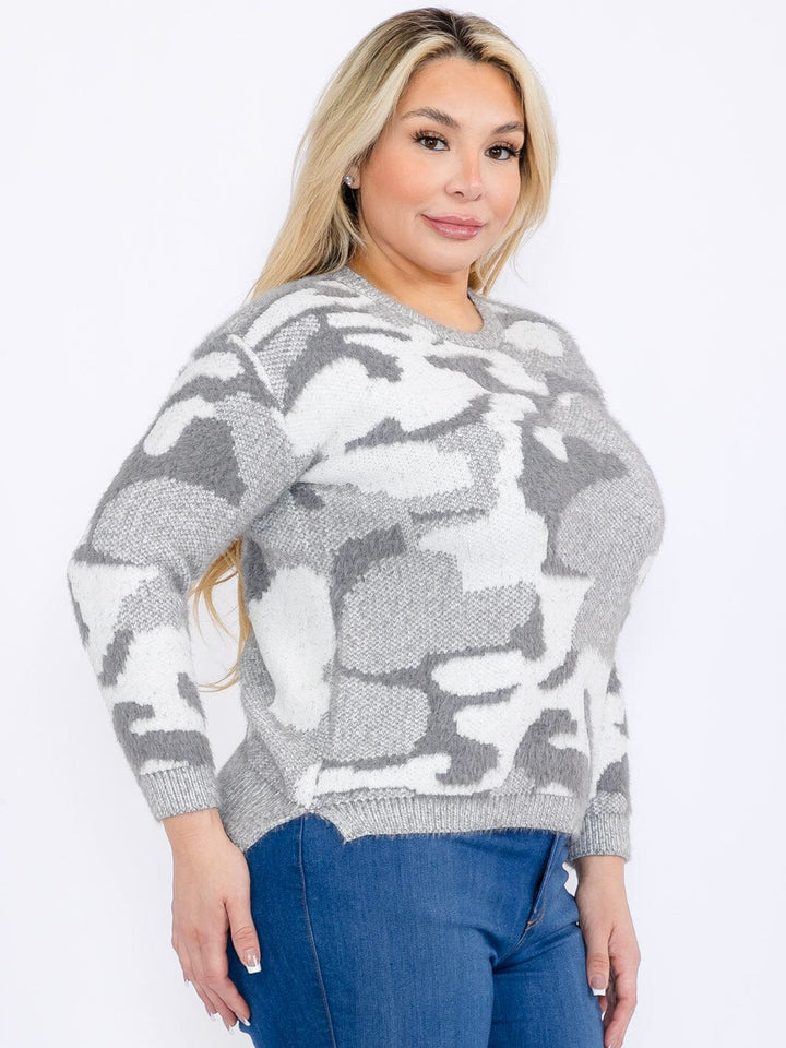 PLUS SIZE LONG SLEEVES PULLOVER HIGH-LOW COLORBLOCK CAMO PRINT SWEATER