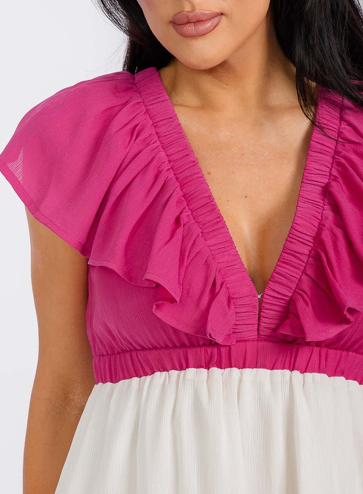 WOMEN'S SHORT SLEEVES V-NECK TIERED COLORBLOCK OPEN BACK MINI DRESS
