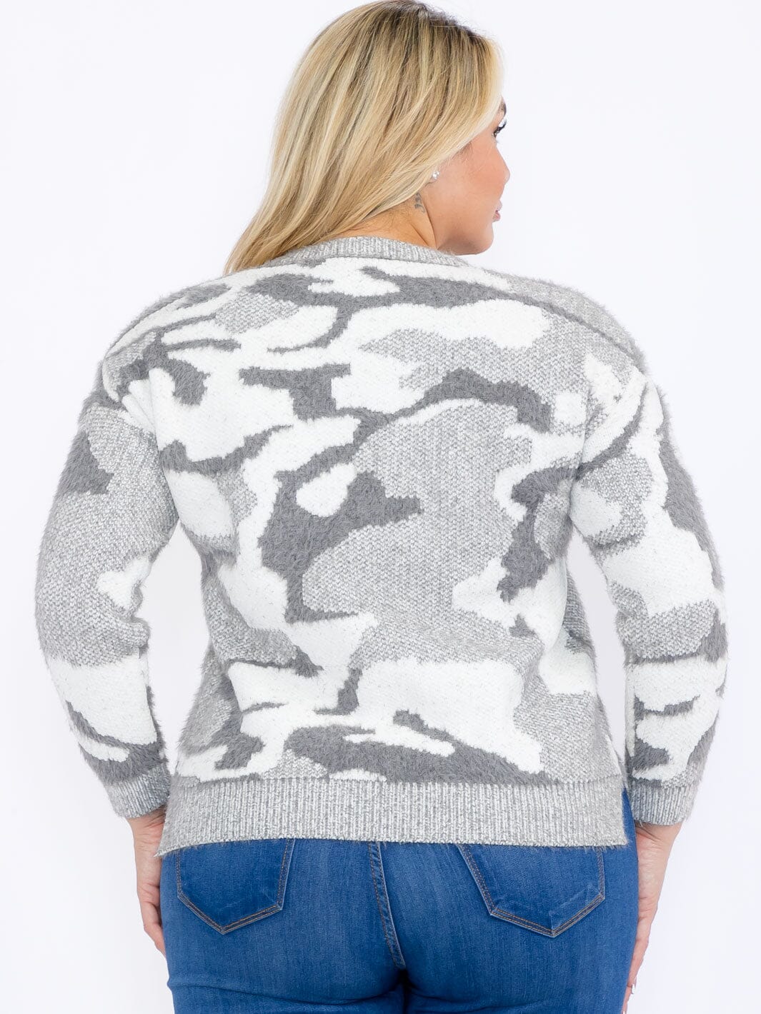 PLUS SIZE LONG SLEEVES PULLOVER HIGH-LOW COLORBLOCK CAMO PRINT SWEATER