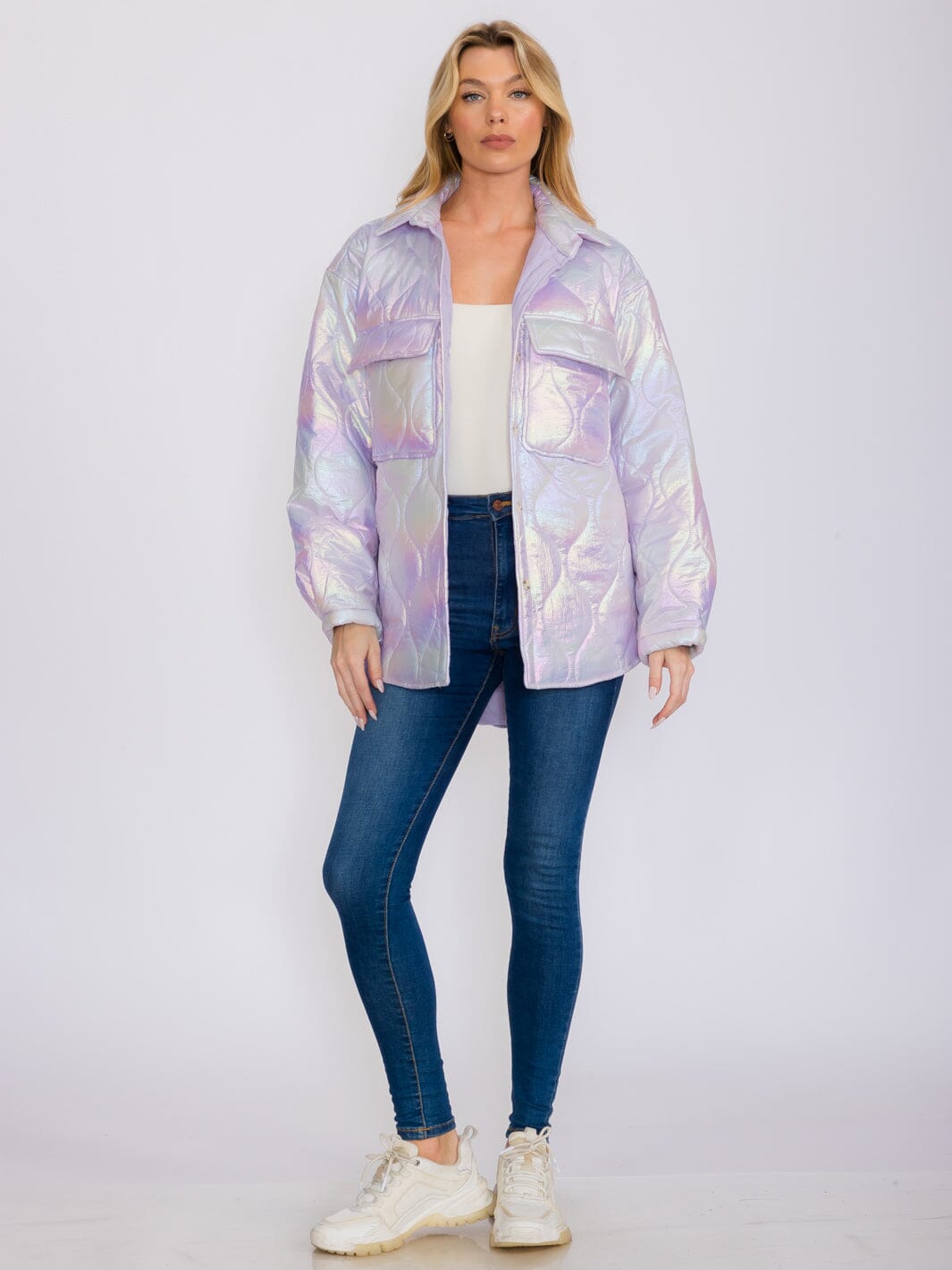 WOMEN'S LONG SLEEVES BUTTON UP FRONT POCKETS HIGH-LOW SHIMMER PUFFER JACKET