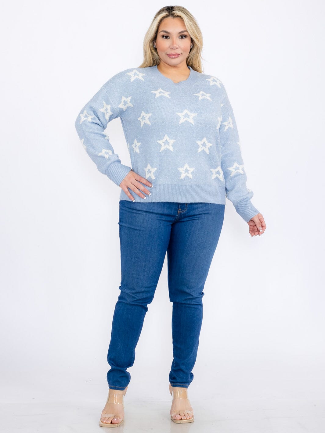 PLUS SIZE LONG SLEEVES PULLOVER COLORBLOCK STARS PRINT SWEATER