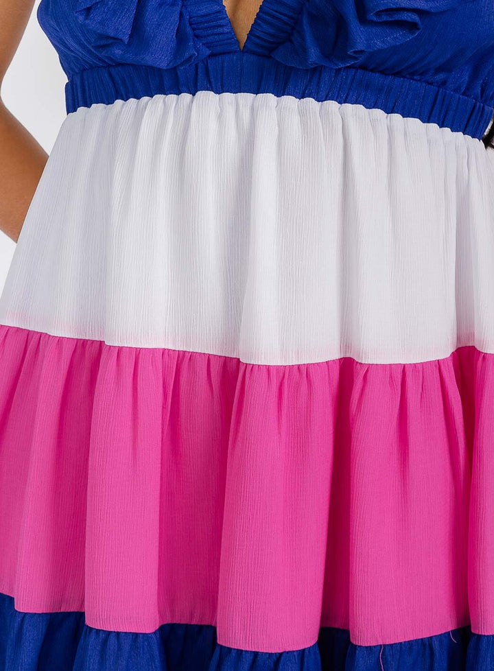 WOMEN'S SHORT SLEEVES V-NECK TIERED COLORBLOCK OPEN BACK MINI DRESS