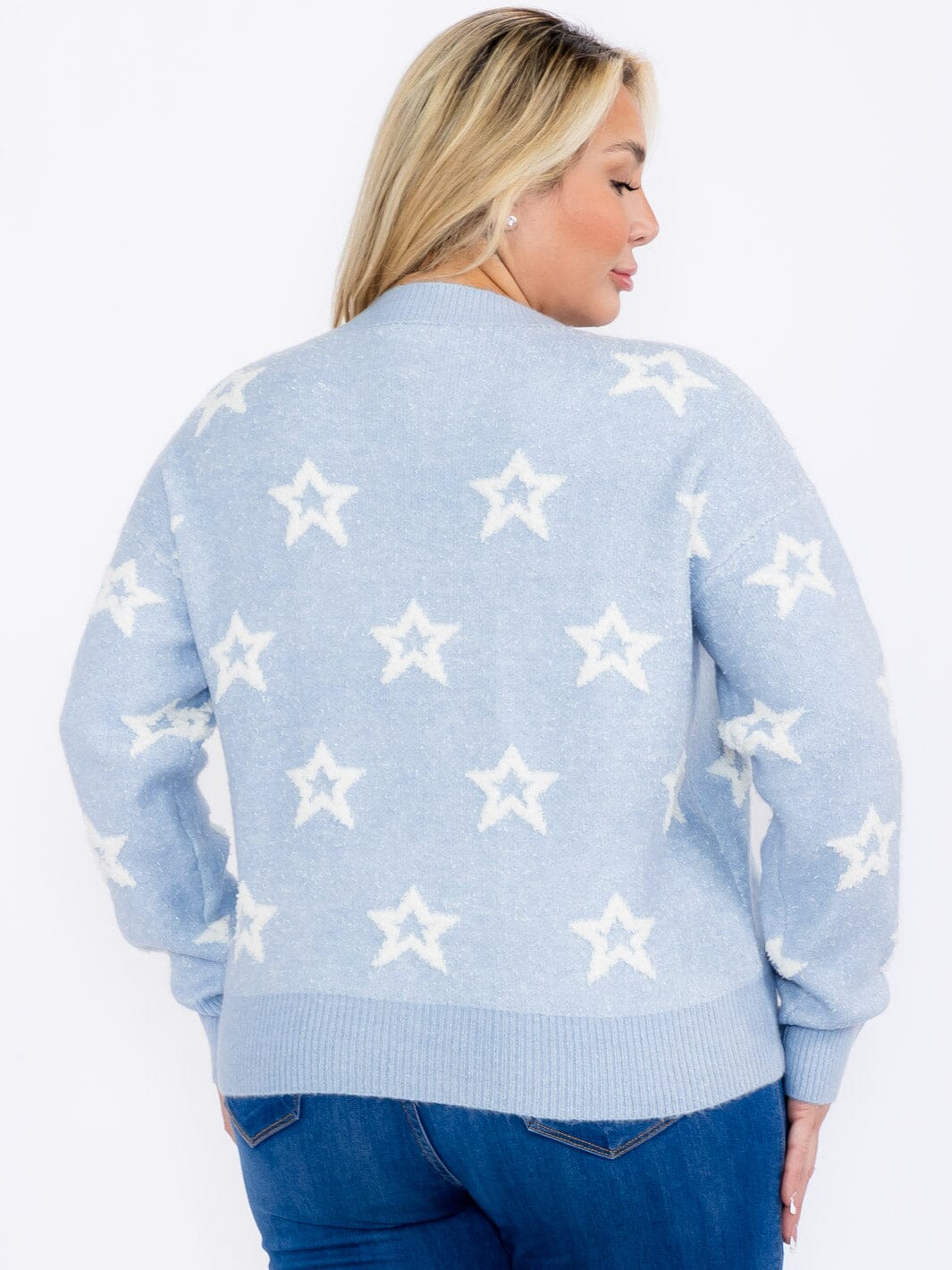 PLUS SIZE LONG SLEEVES PULLOVER COLORBLOCK STARS PRINT SWEATER