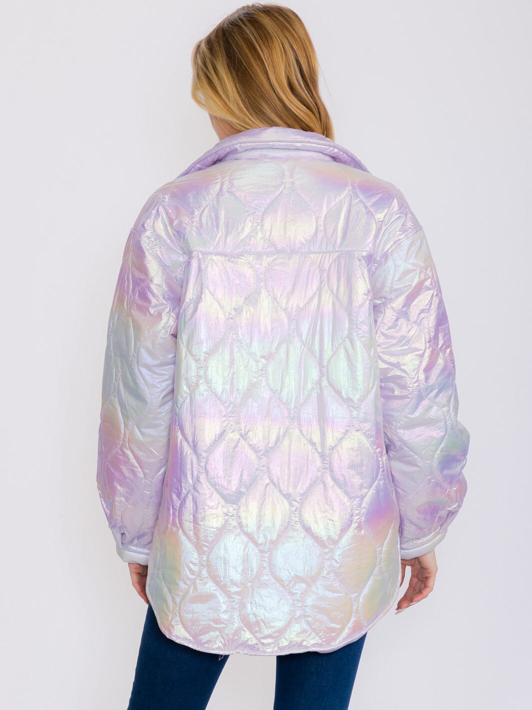 WOMEN'S LONG SLEEVES BUTTON UP FRONT POCKETS HIGH-LOW SHIMMER PUFFER JACKET
