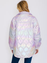 WOMEN'S LONG SLEEVES BUTTON UP FRONT POCKETS HIGH-LOW SHIMMER PUFFER JACKET