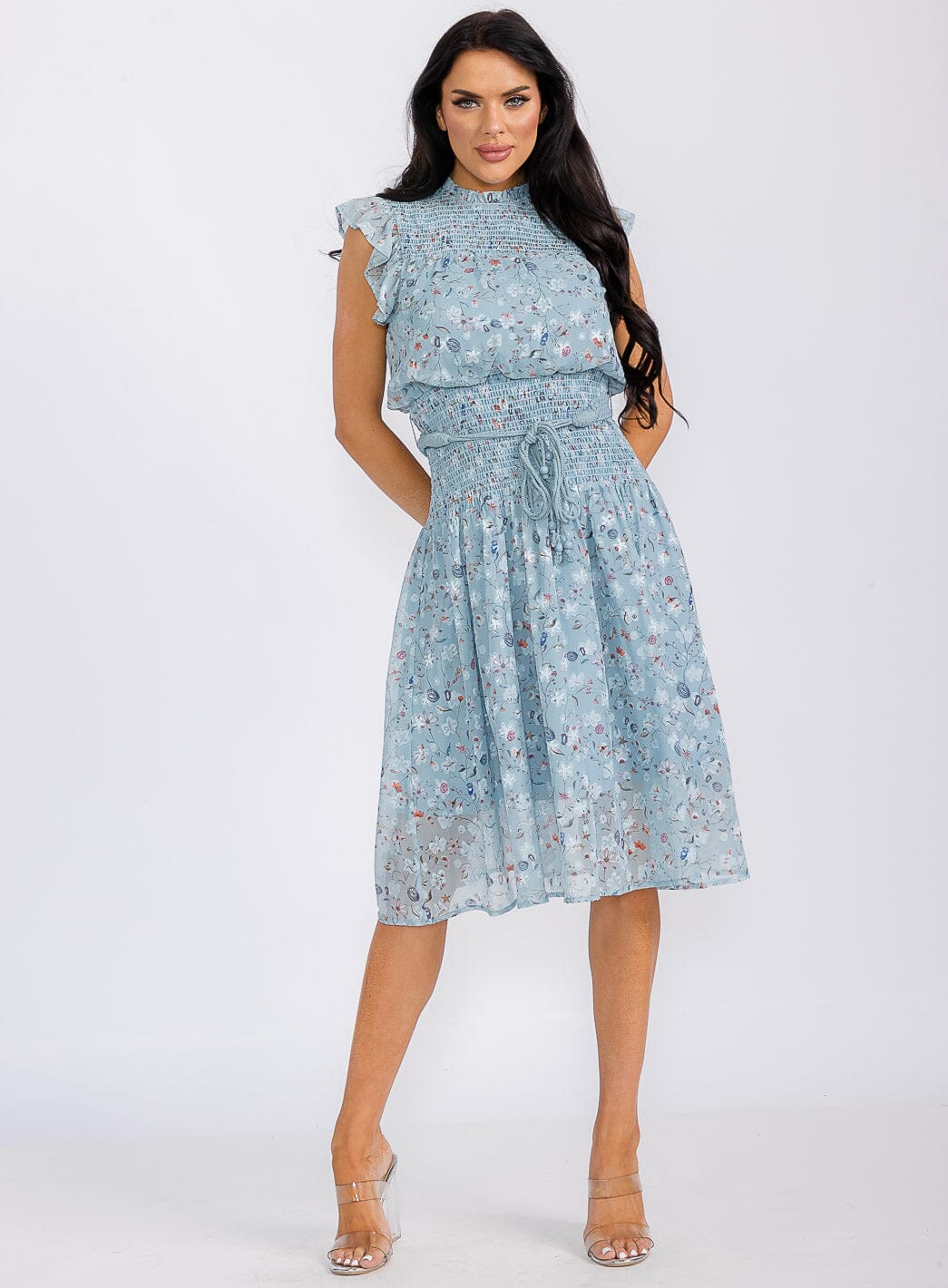 WOMEN'S SLEEVELESS SMOCK SELF TIE FLORAL PRINT MIDI DRESS