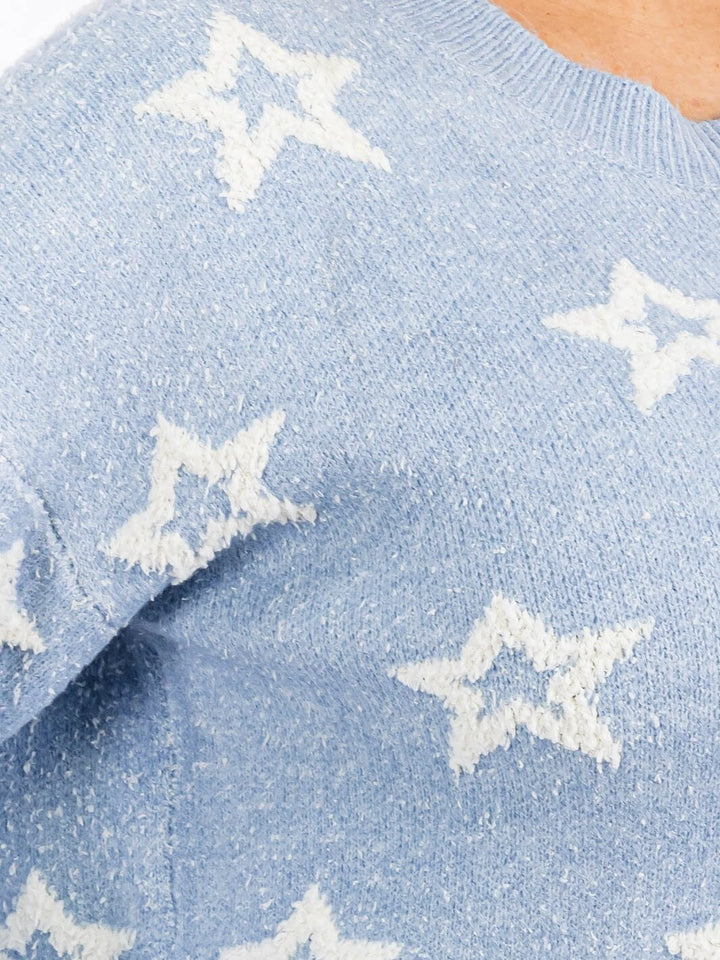 PLUS SIZE LONG SLEEVES PULLOVER COLORBLOCK STARS PRINT SWEATER