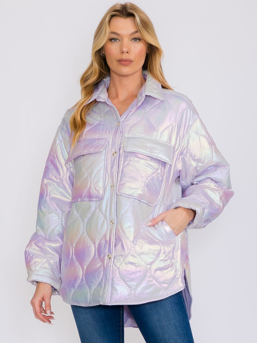 WOMEN'S LONG SLEEVES BUTTON UP FRONT POCKETS HIGH-LOW SHIMMER PUFFER JACKET