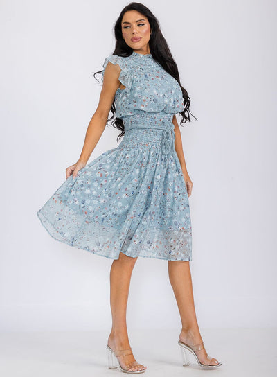 WOMEN'S SLEEVELESS SMOCK SELF TIE FLORAL PRINT MIDI DRESS