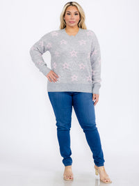 PLUS SIZE LONG SLEEVES PULLOVER COLORBLOCK STARS PRINT SWEATER