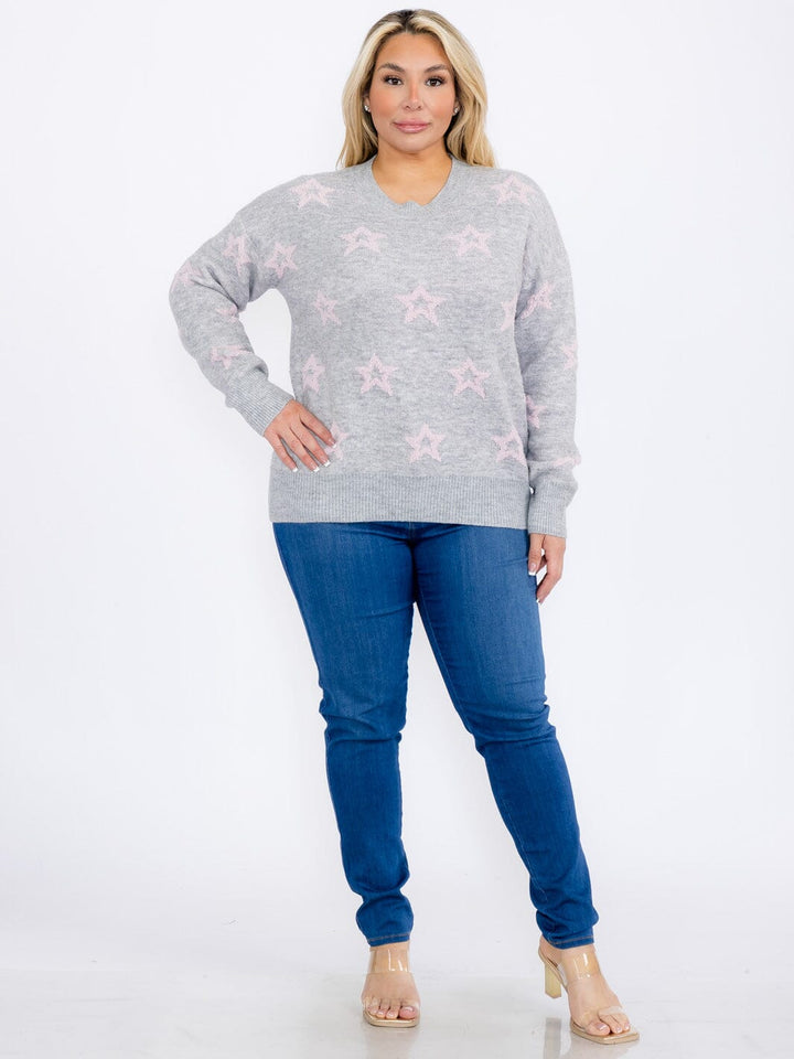PLUS SIZE LONG SLEEVES PULLOVER COLORBLOCK STARS PRINT SWEATER