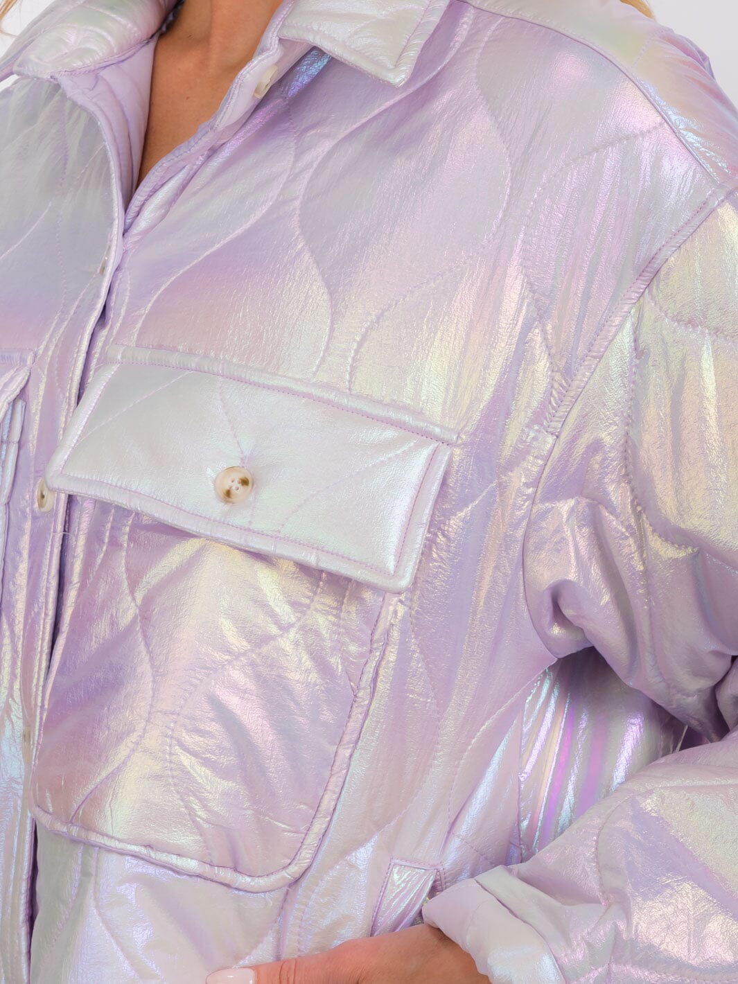 WOMEN'S LONG SLEEVES BUTTON UP FRONT POCKETS HIGH-LOW SHIMMER PUFFER JACKET