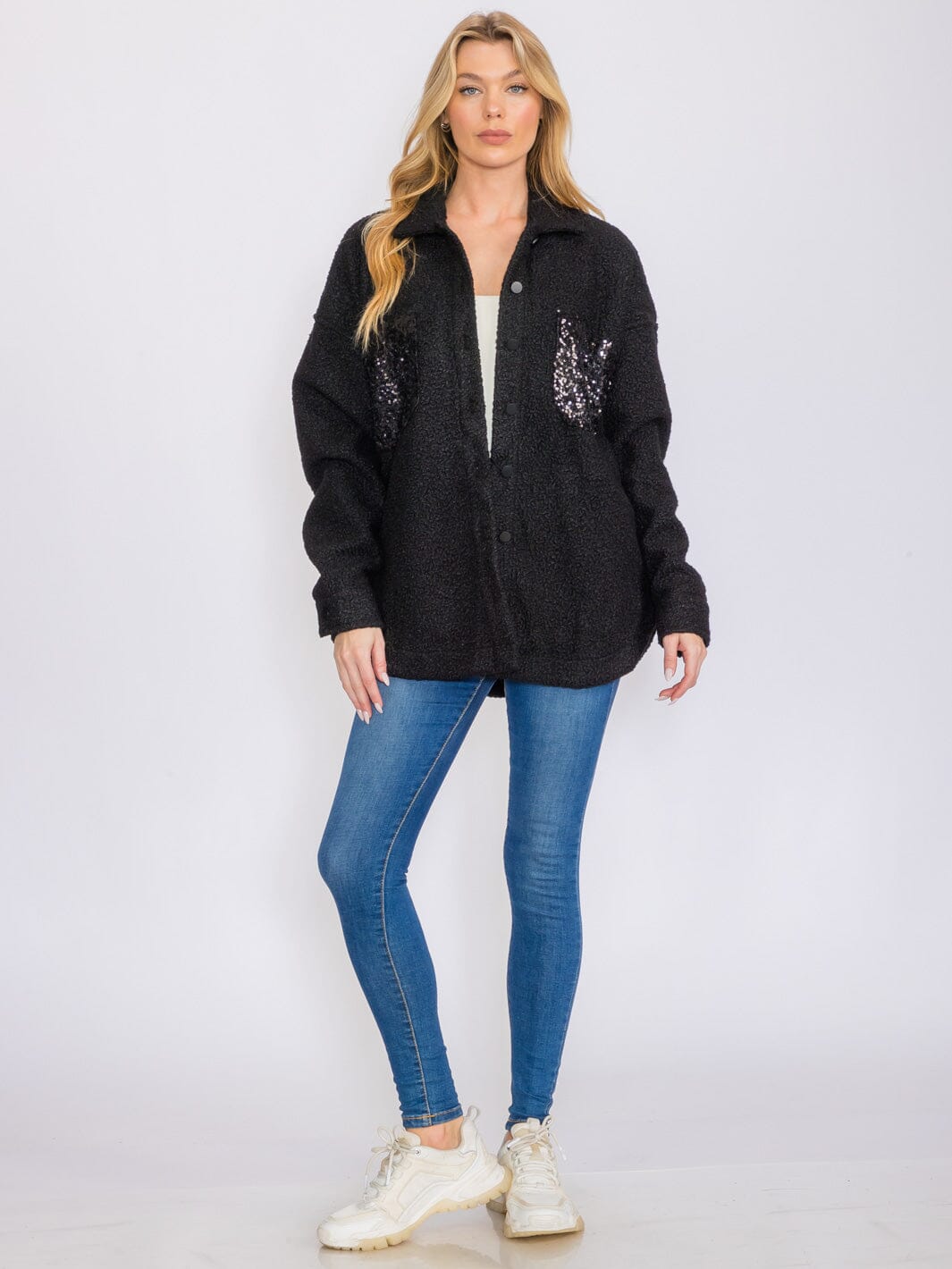 WOMEN'S LONG SLEEVES BUTTON CLOSURE SEQUINS POCKET SHERPA JACKET