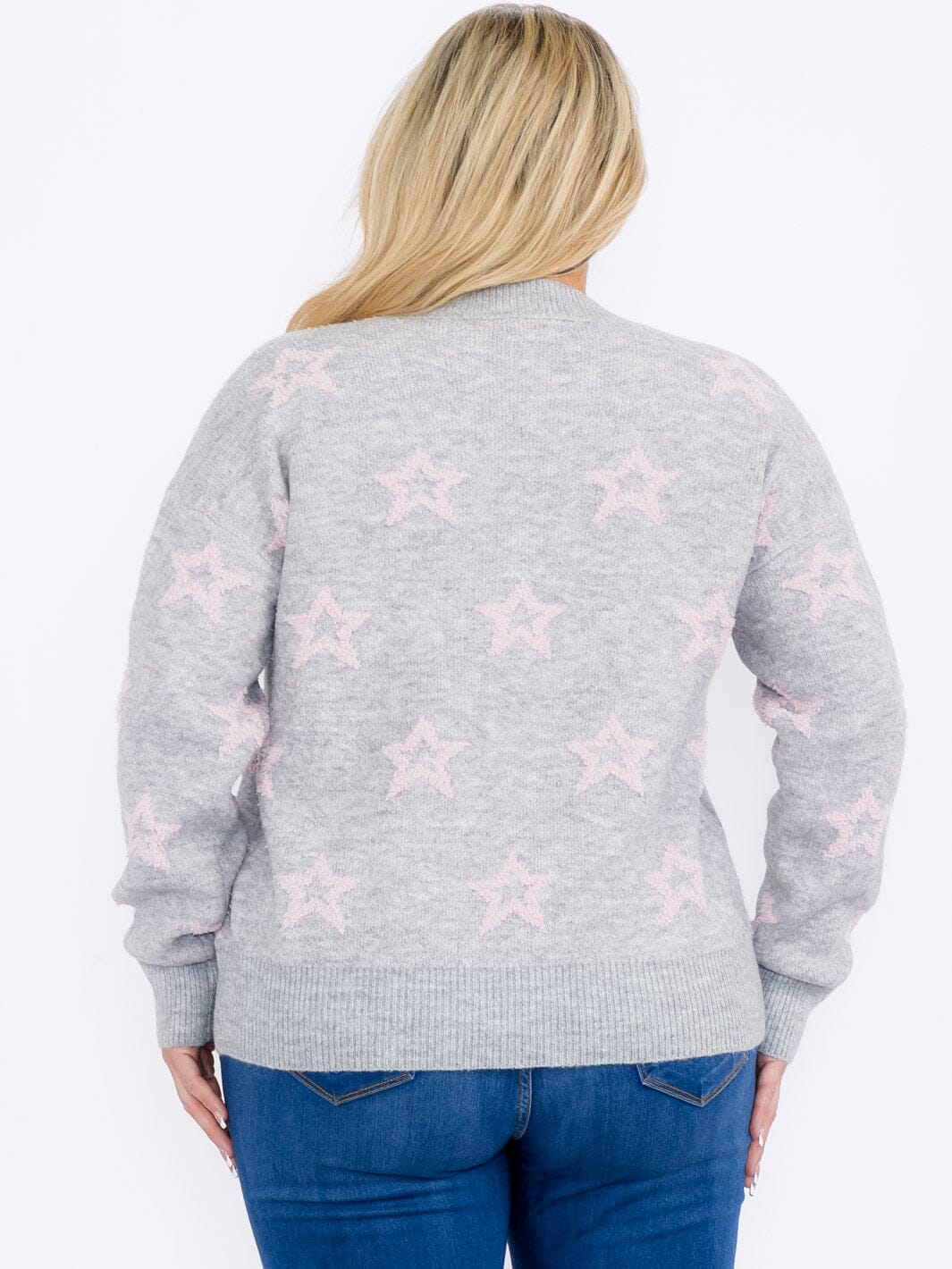 PLUS SIZE LONG SLEEVES PULLOVER COLORBLOCK STARS PRINT SWEATER