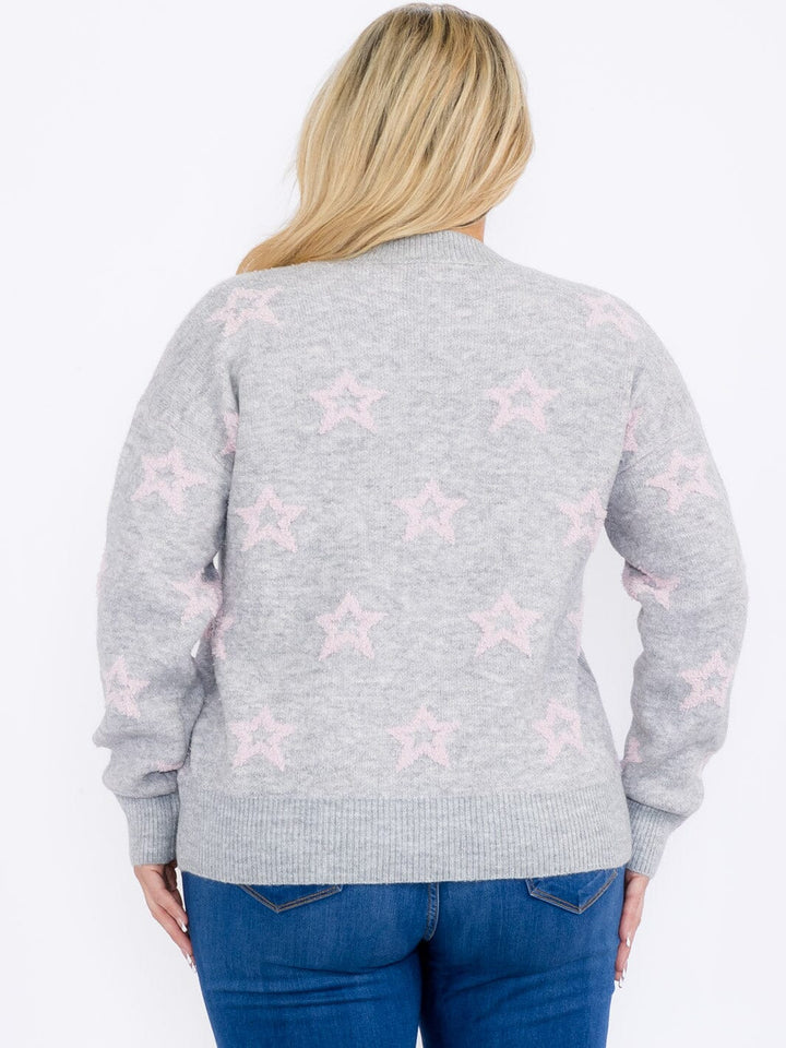 PLUS SIZE LONG SLEEVES PULLOVER COLORBLOCK STARS PRINT SWEATER