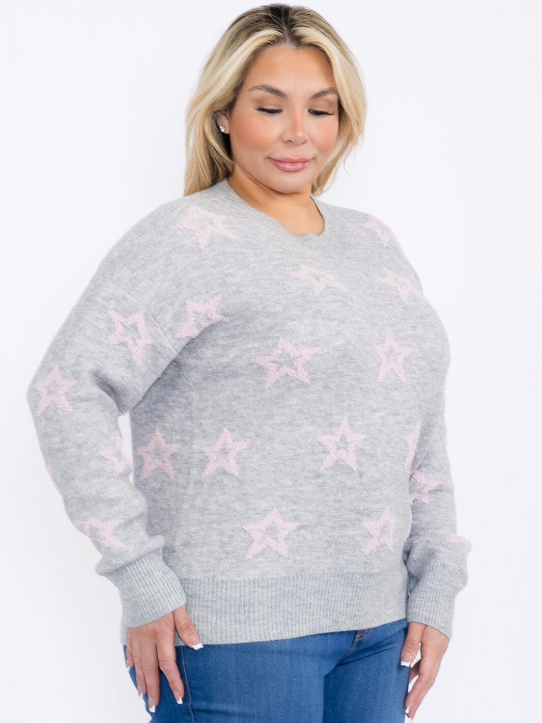 PLUS SIZE LONG SLEEVES PULLOVER COLORBLOCK STARS PRINT SWEATER