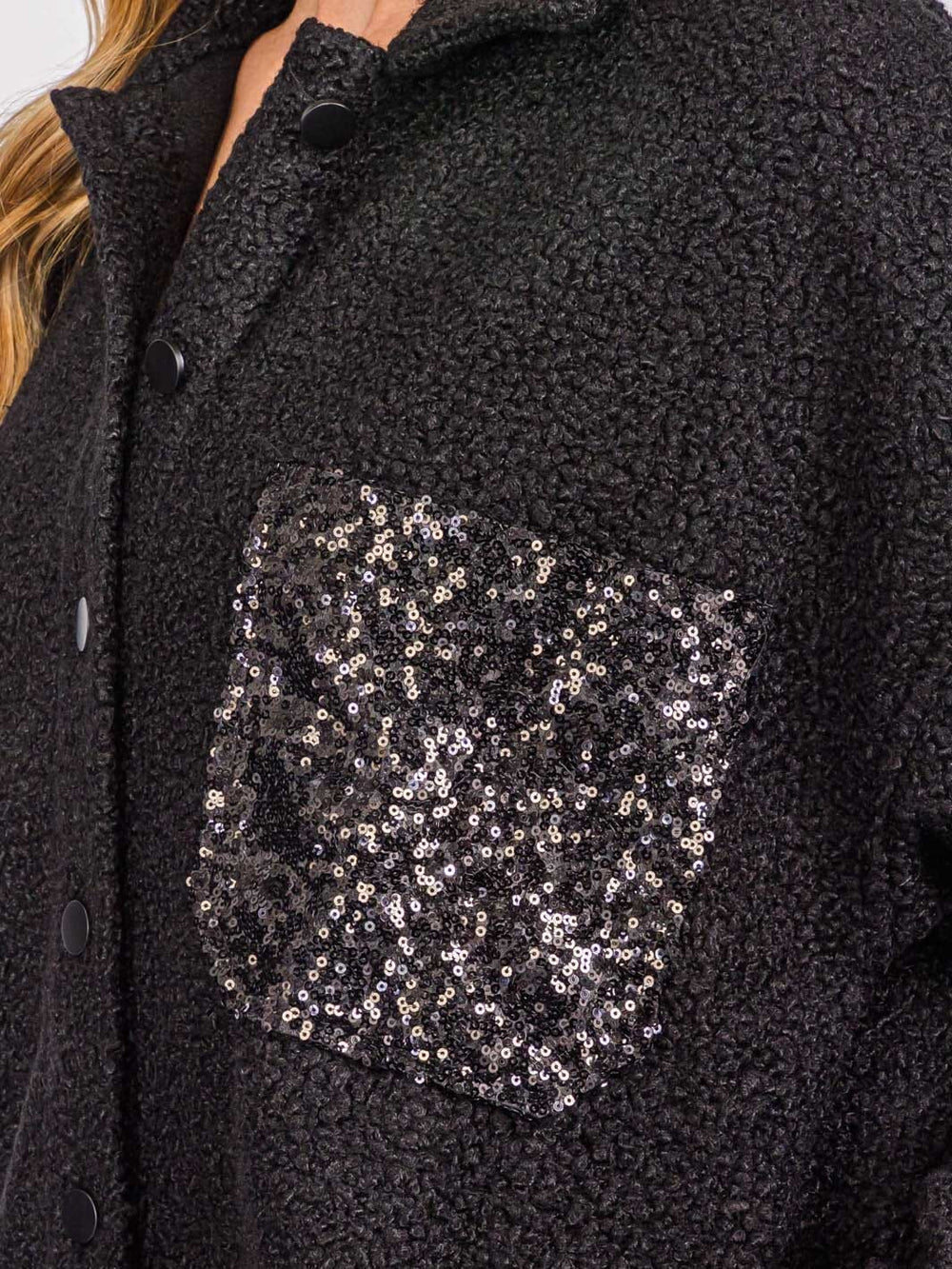WOMEN'S LONG SLEEVES BUTTON CLOSURE SEQUINS POCKET SHERPA JACKET