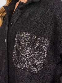 WOMEN'S LONG SLEEVES BUTTON CLOSURE SEQUINS POCKET SHERPA JACKET