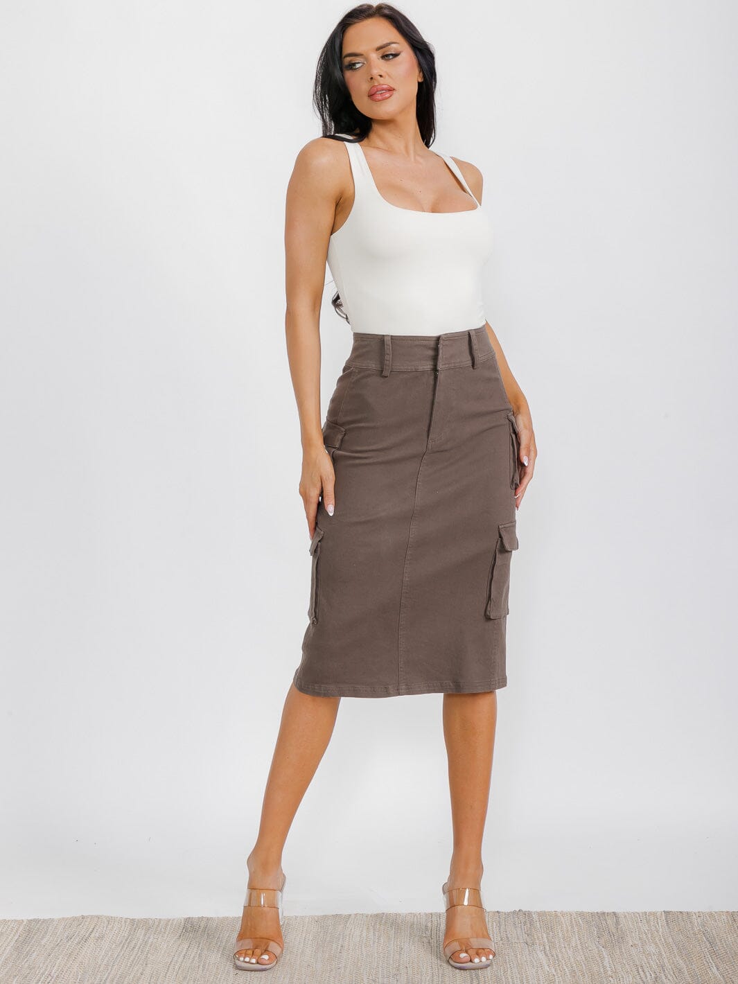 WOMEN'S BUTTON CLOSURE CARGO POCKETS DENIM STRETCH MIDI SKIRT