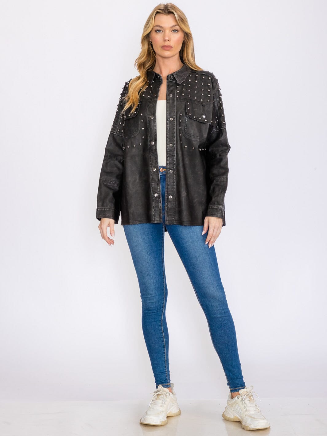 WOMEN'S LONG SLEEVES BUTTON CLOSURE STUDS WASHED PU PLETAHER JACKET