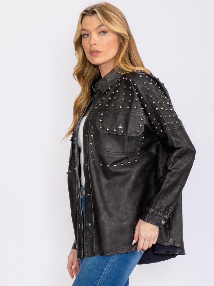 WOMEN'S LONG SLEEVES BUTTON CLOSURE STUDS WASHED PU PLETAHER JACKET