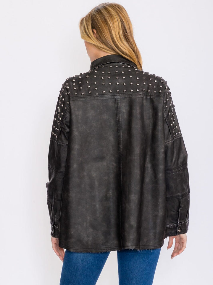 WOMEN'S LONG SLEEVES BUTTON CLOSURE STUDS WASHED PU PLETAHER JACKET