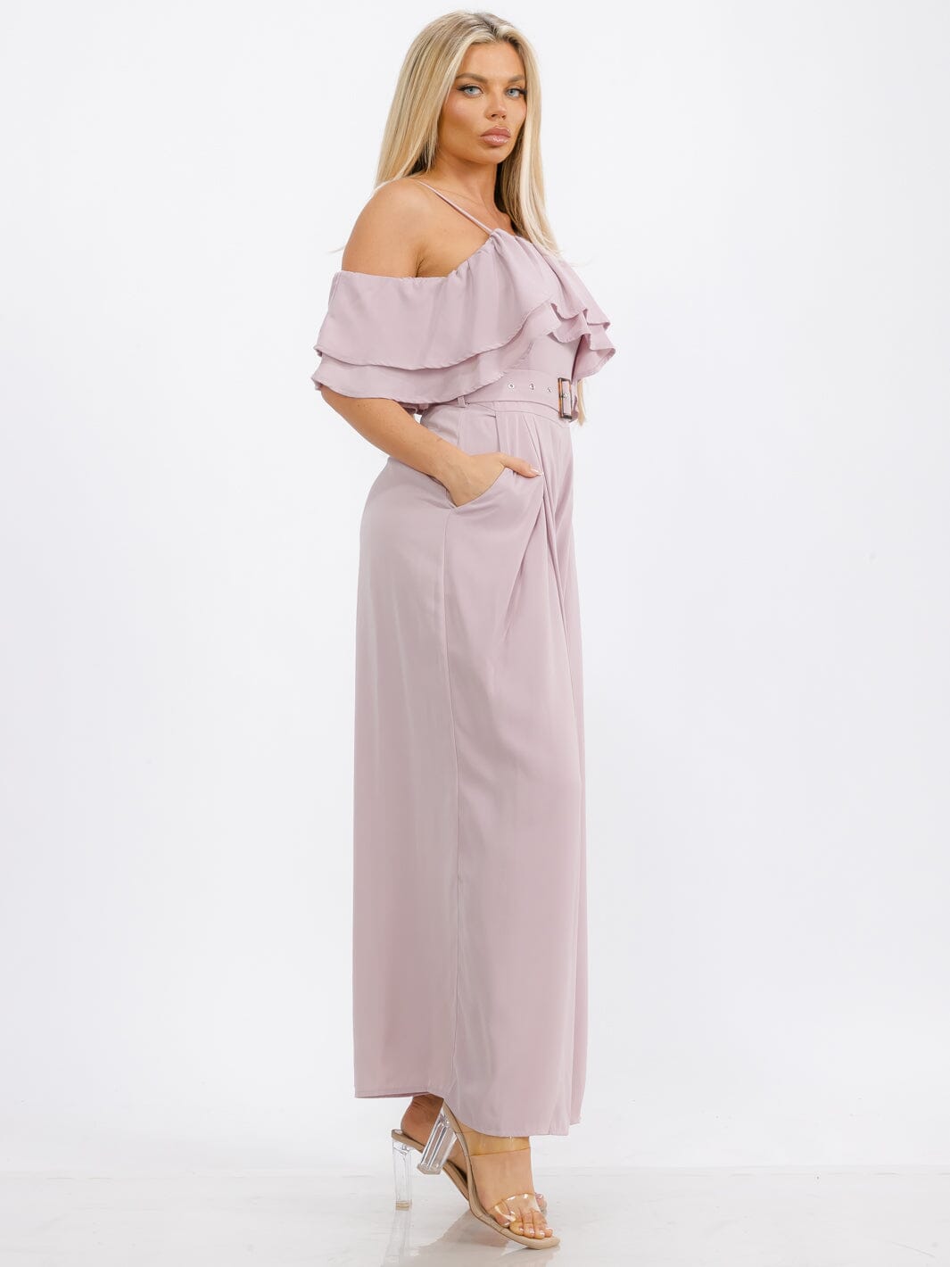 WOMEN'S OFF SHOULDER RUFFLE BELTED POCKETS WIDE LEG JUMPSUIT