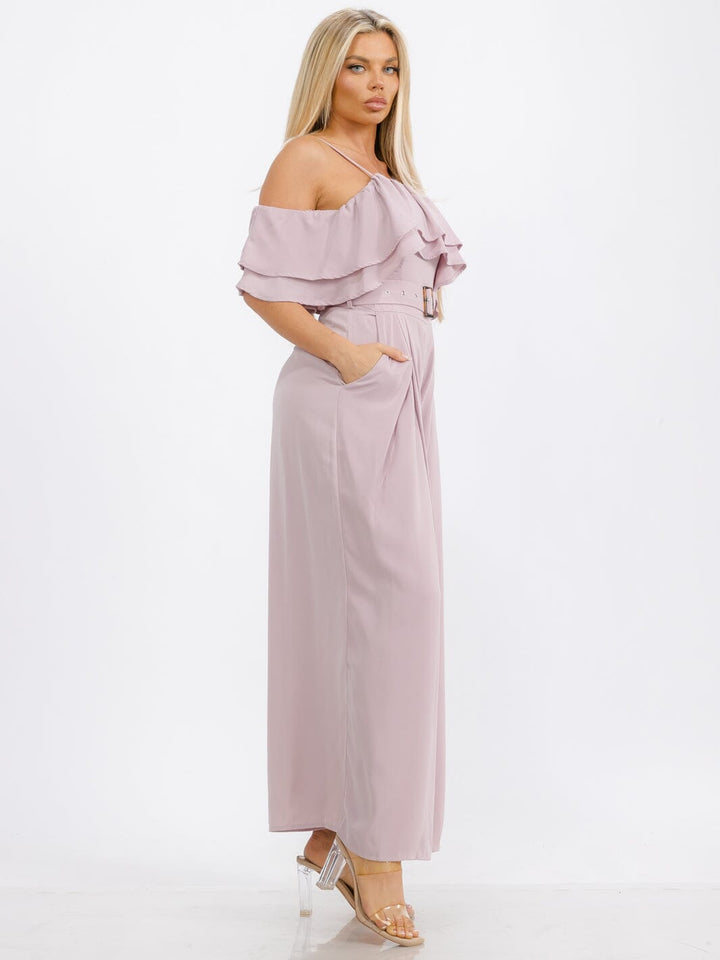 WOMEN'S OFF SHOULDER RUFFLE BELTED POCKETS WIDE LEG JUMPSUIT