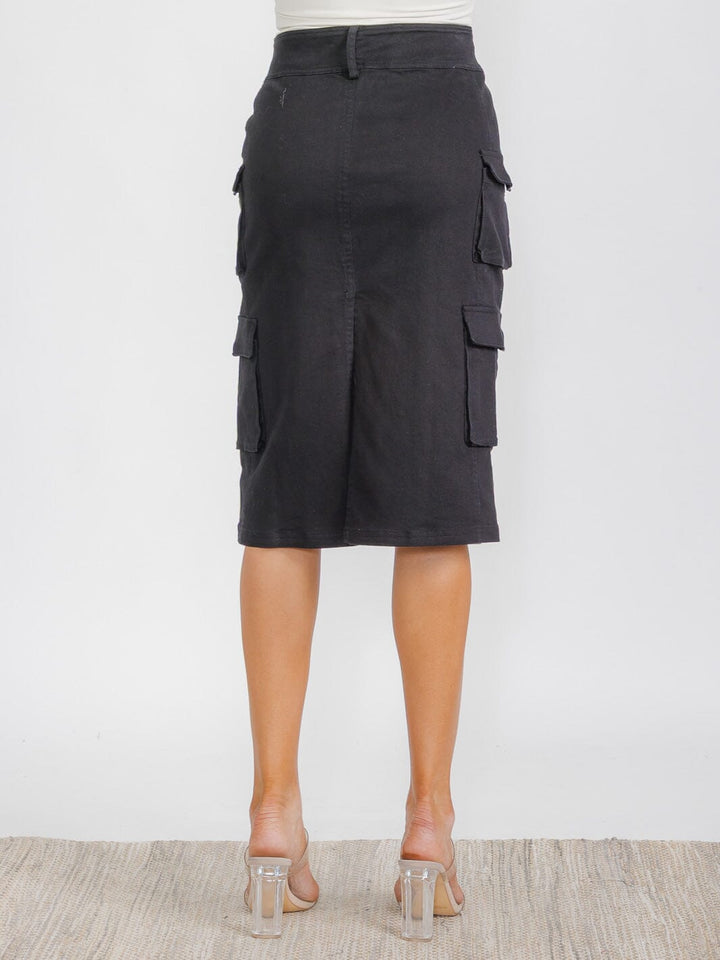 WOMEN'S BUTTON CLOSURE CARGO POCKETS DENIM STRETCH MIDI SKIRT