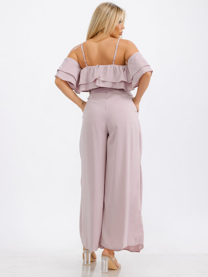 WOMEN'S OFF SHOULDER RUFFLE BELTED POCKETS WIDE LEG JUMPSUIT
