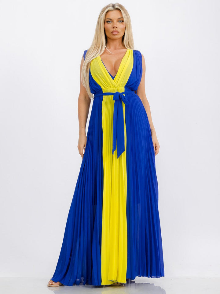 WOMEN'S SLEEVELESS V-NECK SELF TIE PLEATED COLORBLOCK MAXI DRESS