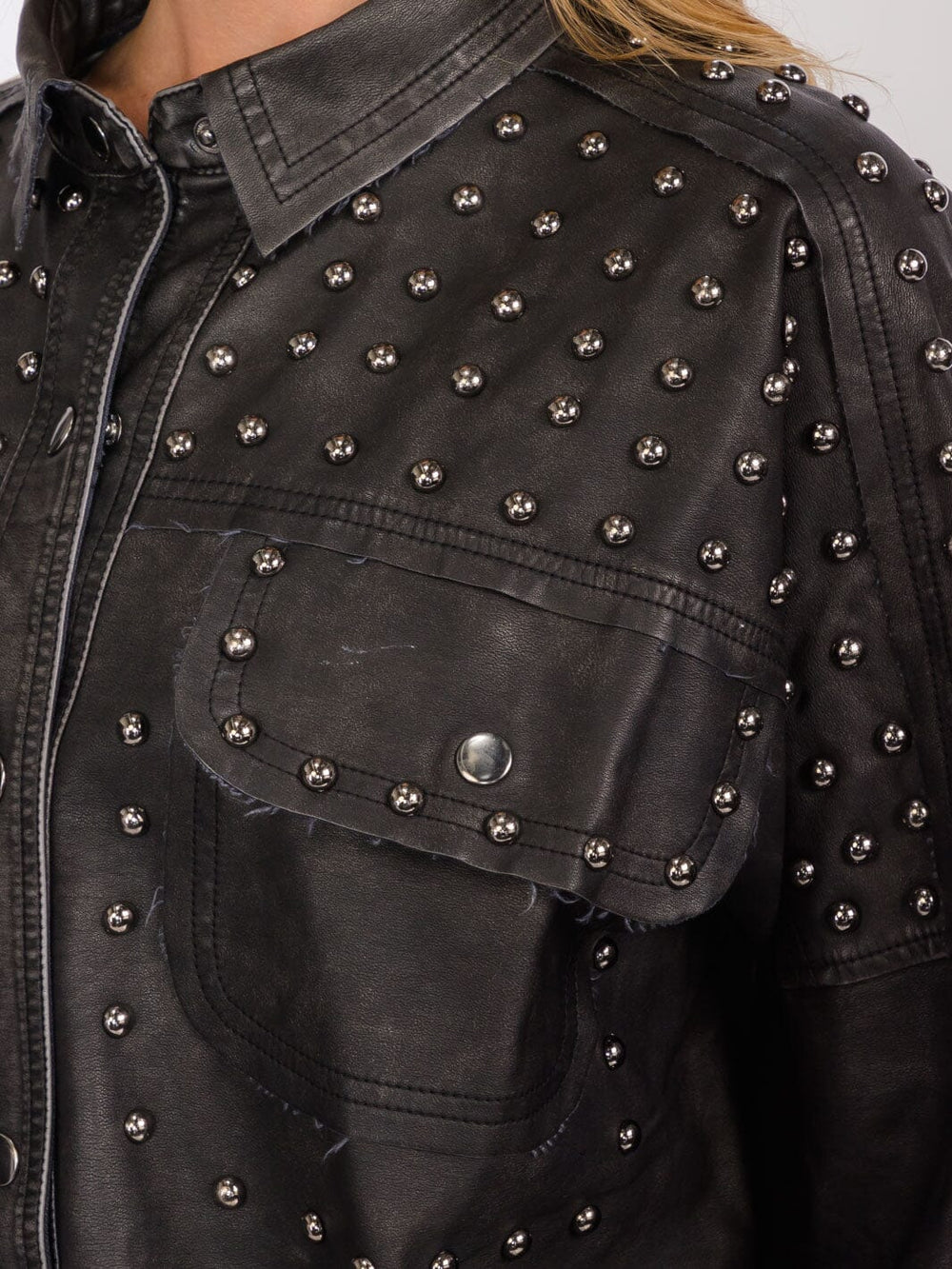 WOMEN'S LONG SLEEVES BUTTON CLOSURE STUDS WASHED PU PLETAHER JACKET