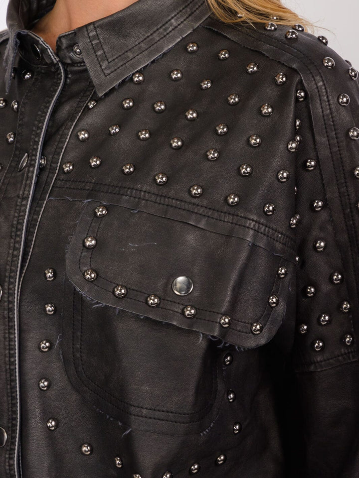 WOMEN'S LONG SLEEVES BUTTON CLOSURE STUDS WASHED PU PLETAHER JACKET