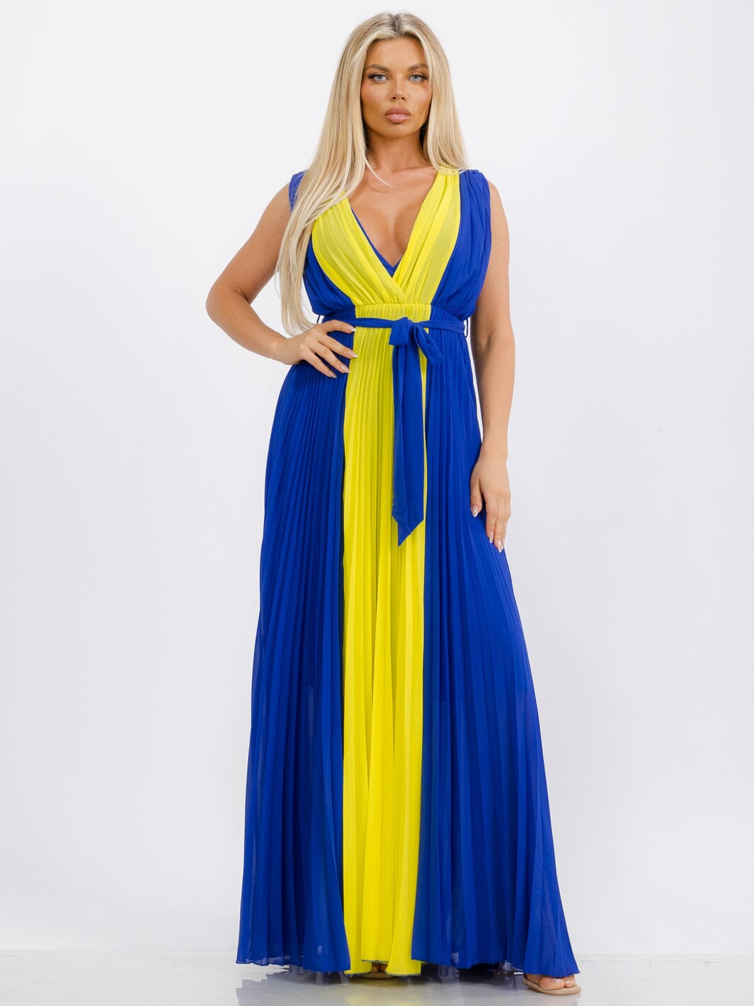 WOMEN'S SLEEVELESS V-NECK SELF TIE PLEATED COLORBLOCK MAXI DRESS
